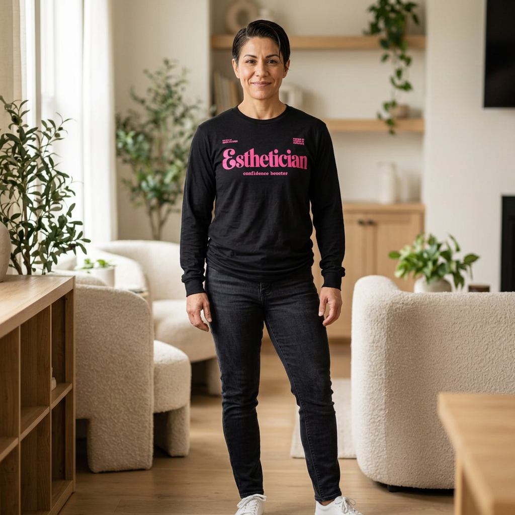 Esthetician Long Sleeve Shirt from Phoryor Skin, size and fit view