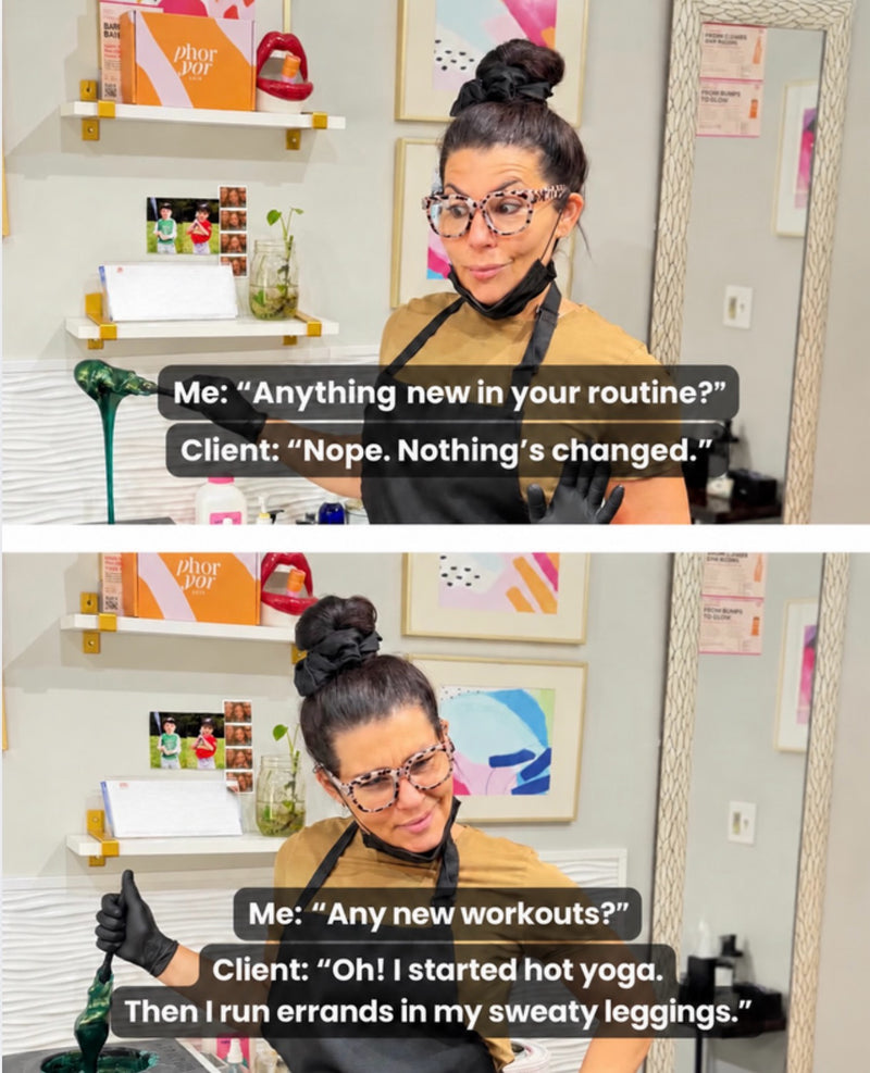 Esthetician asking a waxing client about hot yoga and sweaty leggings